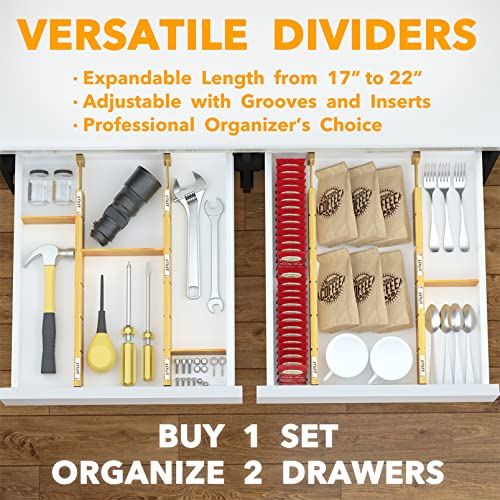 Bamboo Drawer Dividers with Inserts and Labels (2.35''H, 17''-22''L, 4 Dividers / NATURAL)