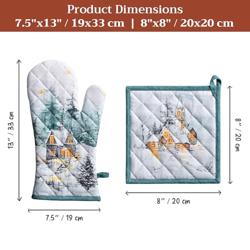 100% Cotton Oven Mitt & Pot Holder Set (126 - Neige De Noel / 7.5" x 13" & 8" x 8" (Oven Mitt & Pot Holder))