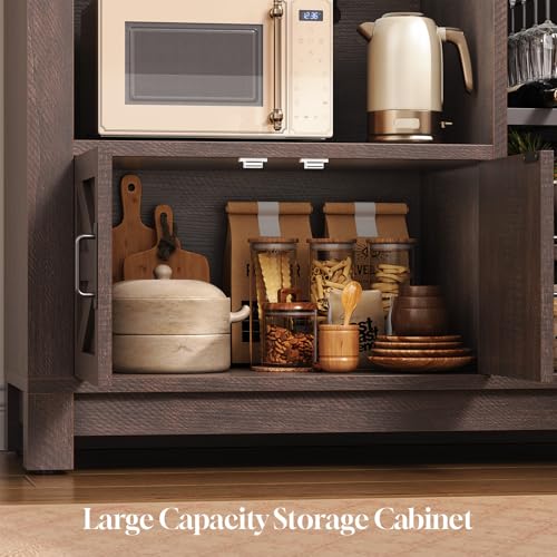 73" Tall Arched Bakers Rack with Power Outlet and LED Light (Brown)
