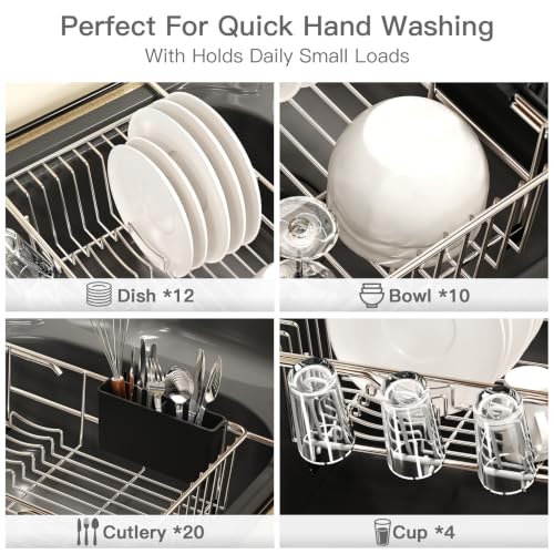 Expandable Dish Drying Rack Over Sink with Extra Drainboard (Silver / For 11.5"-16" W Sink with Cup Holder & Drainboard)