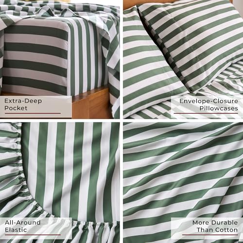 Iconic 5-PC, Ultra Soft Sheet Set (Split King, Oxford Stripe Sage) (3436 Oxford Stripe Sage / Split King)