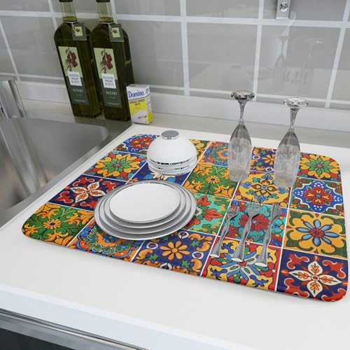 Mexican Tiles Dish Drying Mat for Kitchen Counter Absorbent Microfiber Dish Drying Pad Kitchen Gadgets Multi (Mexican Tiles Blue / 24" x 18")