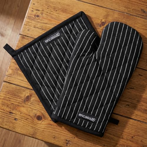 Oven Mitts and Pot Holders Set (Oven Glove + Pot Holder / Butcher Stripes Black)