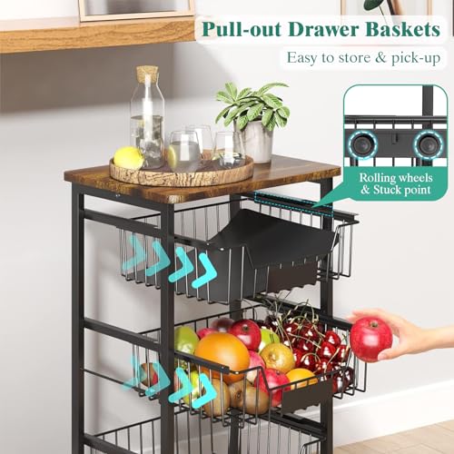 4 Tier Vegetable Fruit Basket Kitchen Storage Rolling Cart on Wheels with Pull (4 Tier / Black)