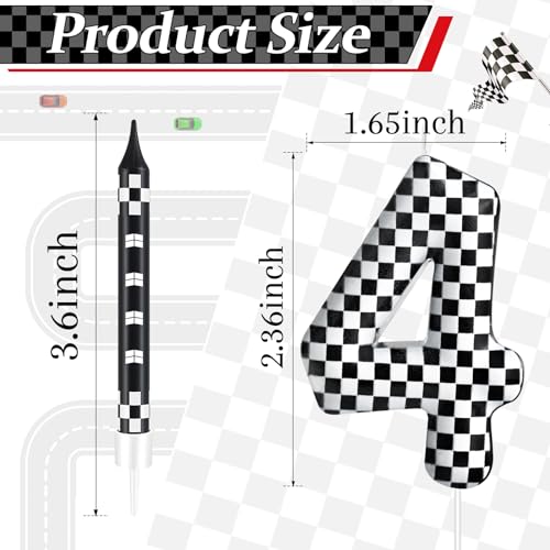 13 Pcs Racing Cars Themed Birthday Candles Black and White Race Number 4 Checkered Candle Cake Topper for Racing Car Party Decoration Supplies (13 Count)