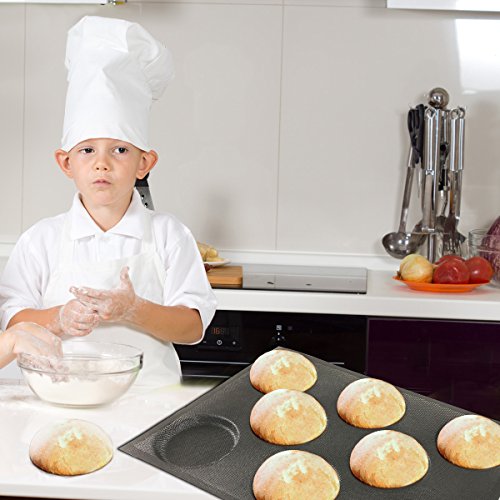 Silicone Hamburger Bread Forms Perforated Bakery Molds Non Stick Baking Sheets Fit Half Pan Size (8 Caves 4" Round Shape For Hamburger)