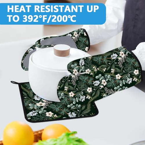 Botanical Print FloralOven Mitts and Pot Holders Sets Heat Resistant 4Pcs Potholders Oven Gloves Hot Pads for Kitchen Baking Cooking Grilling BBQ (Botanical Print Floral)