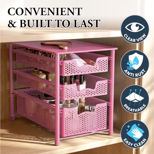 Stackable 3 Tier Sliding Basket Organizer Drawer (3-Tier / Pink)