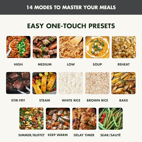 Elite 14-in-1 Nonstick 6QT Electric Slow Cooker, PFAS-Free Ceramic Multi-Cooker, In-Pot Browning, Dishwasher Safe Lid & Removable Crock, Stainless Steel Steamer, Silicone Handles, Graphite (6 Quarts / Graphite)
