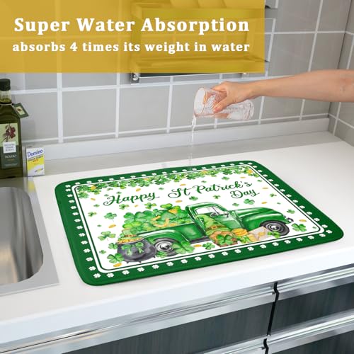 Shamrock Gnome Truck Dish Drying Mat Lucky Clover Dish Drainer Mat 18x24 inch Absorbent Fast Dry Pad for Kitchen Counter Coffee Bar Decor (Shamrock Gnome Truck / 18" x 24")