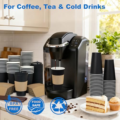 16 oz 50 Pack Coffee Cups with Lids and Sleeves (Black- 50packs / 16 oz)