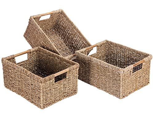 Large Wicker Basket Rectangular with Wooden Handles for Shelves (Seagrass / 3-Pack Large (14.5"L x 10.3"W x 7.5"H))