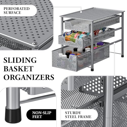 Stackable 3 Tier Sliding Basket Organizer Drawer (3-Tier / Silver)