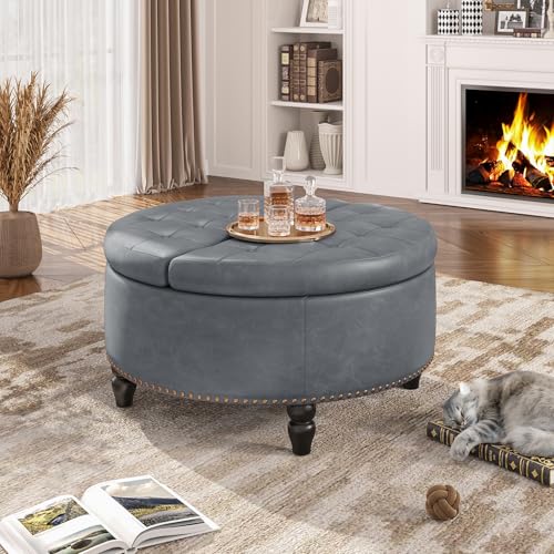 31.5 Inch Large Round Ottoman with Storage Circular (Grey)