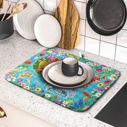 Flower Map Dish Drying Mat American Floral Decoration Coffee Mat for Kitchen Counter (Flower Map Green / 18" x 16")