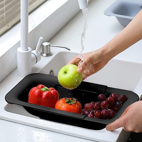 Collapsible Sink Colanders and Strainers Basket Extendable Plastic Fruit Vegetable Strainer Drainer Basket for Kitchen (J-Double Black)