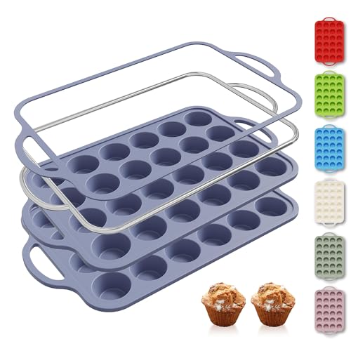2 Packs 24 Cups Silicone Muffin Pan with Metal Reinforced Frame Mini Size Cupcake Pan Tray Egg Bites Silicone Circle Cookie Molds Muffin Tin Tart Pans Baking Sheet Set for Breakfast Sandwiches (2pc: 24-Cup Mini / Morandi Blue)
