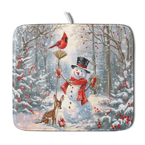 Winter Snowman Dish Drying Mat for Kitchen Counter Red Bird Berry Dishes Drainer Mats Holiday Microfiber Absorbent Dish Rack Pad 16x18 Inch (Winter Snowman Deer / 16" x 18")