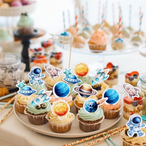 40Pcs Edible Space Astronaut Cupcake Toppers Solar System Galaxy Universe Planets Cupcake Picks Drink Topper for Outer Space Baby Shower Boys Blue Planet Birthday Party Cupcake Decorations (Edible Space)