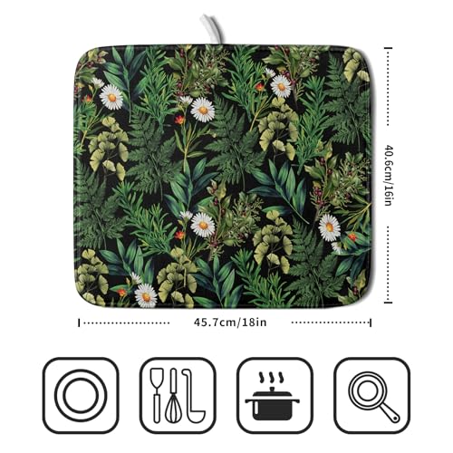 Green Botanical Dish Drying Mat 16x18 Inch Plant Leaf Fast Dry Dish Drainer Rack Mats Absorbent Microfiber Protector for Countertops Sinks (Green Botanical / 16" x 16")