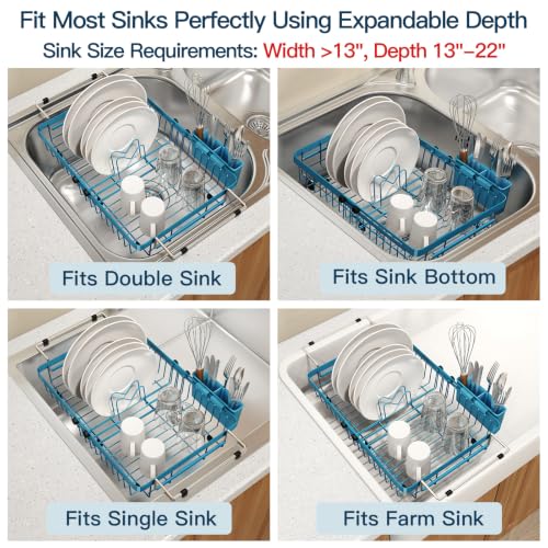 Blue Expandable Dish Drying Rack Over The Sink with Anti Slip Grip (Blue / For 13-30" W Sink)