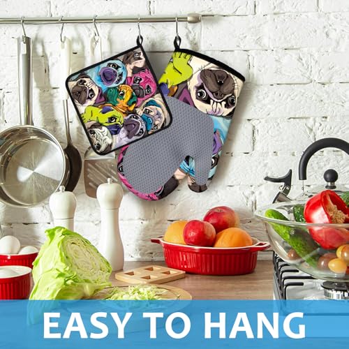 Colorful Pug Dog Face Oven Mitts and Pot Holders Sets Heat Resistant 4Pcs Potholders Oven Gloves Hot Pads for Kitchen Baking Cooking Grilling BBQ (Colorful Pug Dog Face)