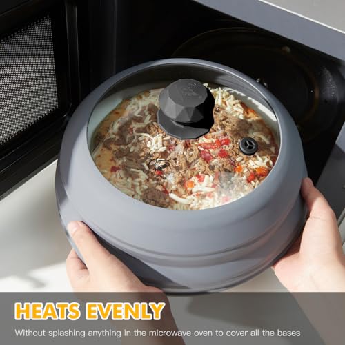 Microwave Splatter Cover Vented Glass Splatter Guard Lid with Collapsible Silicone for Food as Pot Cover Plate 9.8 inch Light Grey (9.8 inch / Light Grey Lid)