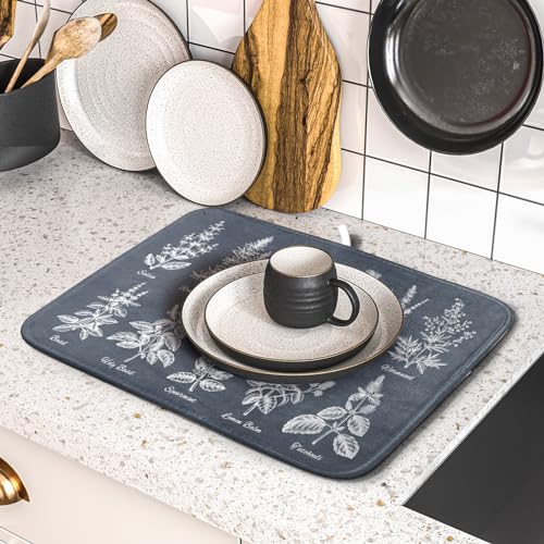 Flower Herbs Dish Drying Mat Wild Plant Dish Rack Mat with Hanging Loop Fast Dry Dish Drainer Pad for Kitchen Counter Sink 16x18 Inch (gray plant collection / 16" x 18")