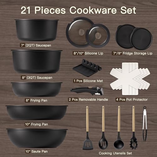 21 Pcs Pots and Pans Set Non Stick (Black / 21 Piece)