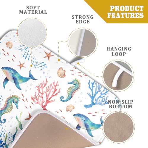 Coastal Ocean Dish Drying Mat Seahorse Whales Drainer Rack Mats 16"x18" Absorbent Microfiber Dish Drying Pad Protector for Kitchen Counter (Coral Ocean / 16" x 18")