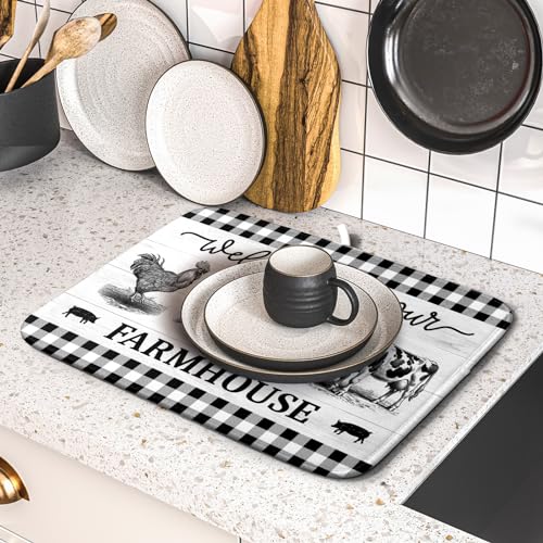 Farmhouse Barn Dish Drying Mat 16x18 Inch Cow Rooster Absorbent Microfiber Dish Drainer Rack Pad Bottles Protector for Kitchen Counter (farm barn / 16" x 18")