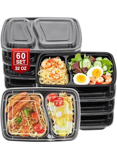 60 Sets 32oz Meal Prep Containers 2 Compartment (2 Compartment-32oz)