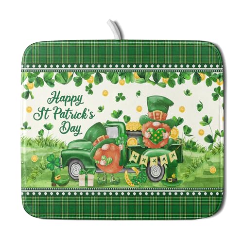 Shamrock Truck Dish Drying Mat Buffalo Check Dish Drainer Mat 16x18 inch Reversible Microfiber Quick Dry Rack Pad for Kitchen Counter Sink (Shamrock Truck Plaid / 16" x 18")