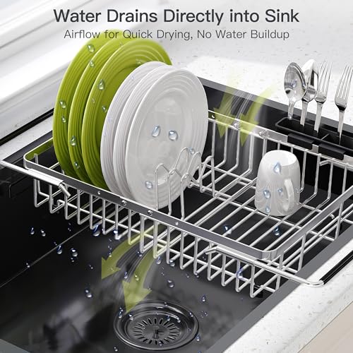 Expandable Dish Drying Rack Over the Sink with Utensil Holder (Silver / For 12.5"-30"w Sink, Expandable)