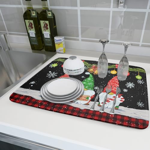 Merry Christmas Dish Drying Mat Black Gnomes Dish Drainer Mats 18x24 Inch Holiday Decorative Absorbent Dishes Pad for Kitchen Counter Sink (Christmas Black Gnomes / 18" x 24")