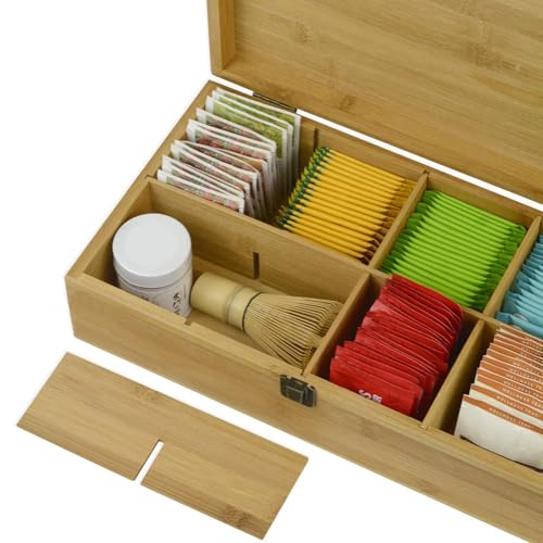 Bamboo Tea Organizer Box Chemical Free Eco (8-Slot Rectangular / Tea Leaf Stamp)