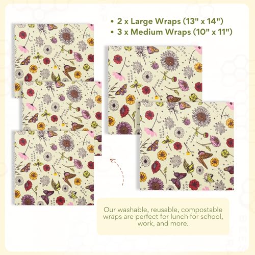 Beeswax Food Wraps (Meadow Magic / 2 Large & 3 Medium)