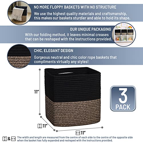 Storage Cubes 11 Inch Cotton Rope Woven Baskets for Organizing (Black & Mixed Black)