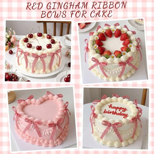 30 Pack Gingham Ribbon Bows for Cake Red Gingham Bow Cake Toppers (Red Gingham)