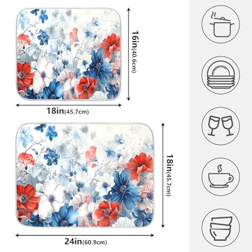 4th of July Patriotic Blue Red White Flowers Dish Drying Mat for Kitchen Counter Absorbent Microfiber Large Independence Day Drying Pad Dish Mats for Kitchen Countertops 18 x 24 Inch (24" x 18")