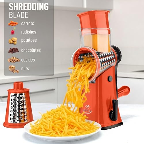 Rotary Cheese Grater Manual Hand Crank 5 Blade Shredder (5 Blades / Orange & Black)