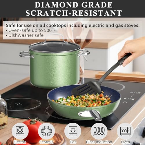 Healthy Duralon Blue Ceramic Nonstick Cookware Set (Metallic Pistachio Green / 12pc Cookware Set / Cookware Set)