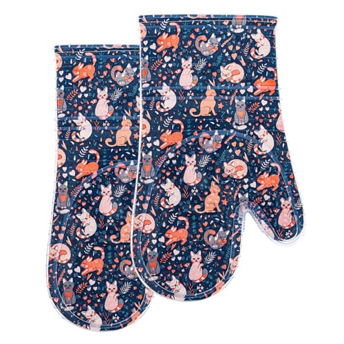 Oven Mitts with Transparent Clear Silicone Shell and Nice Cat Printing (Oven mitts / Navy, Cat)