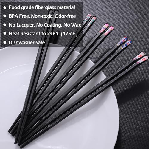 5 Pairs Premium Chopsticks Reusable Dishwasher Safe 9.5 Inch Fiberglass Chop Sticks Gift Set Hexagon Black Non Slip with the Printed Tops (Black with Printed Tops)