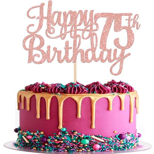 1 PCS Happy 75th Birthday Cake Topper Glitter Cheers to 75 Years Birthday Cake Pick 75 Fabulous Cake Decoration for Happy 75th Birthday Theme Party Decorations Supplies Rose Gold (Rose Gold / 75th)
