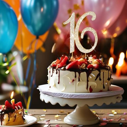 Gold Sweet 16 Cake Topper Rhinestones Birthday Cake Decorations Sweet 16 Party Decorations (16)