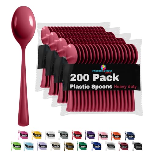 Party Solids Burgundy Plastic Spoons 200 Pcs Burgundy Spoons Disposable Utensils Heavy Duty Plastic Cutlery Set Disposable Cutlery Sets Flatware Sets Silverware Set Party Supplies & Party Tableware (Burgundy / Spoons)