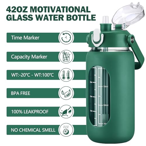42oz Glass Water Bottles with Straw (Ink green / 42 Ounces)