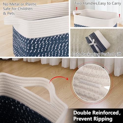 Cotton Rope Storage Baskets for Organizing White Blue 3 (White Blue / 3 pcs-13”x9.9”x8.7”)