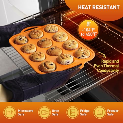 2 Packs 12 Cups Silicone Muffin Pan with Metal Reinforced Frame Regular Size Cupcake Pan Tray Egg Bites Silicone Cookie Molds Muffin Tin Tart Pans Baking Set for Easter Christmas holiday Cookie (Regular / Orange)